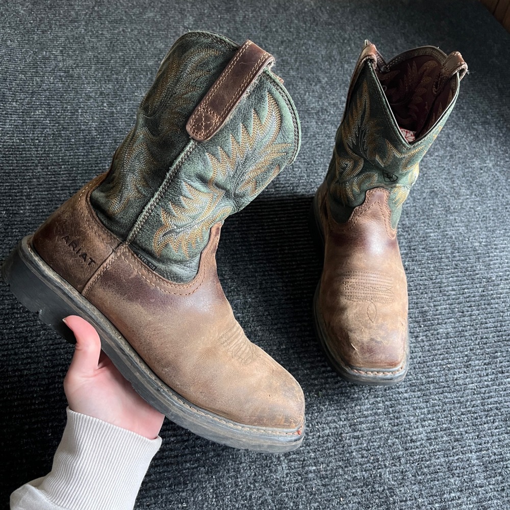Ariat Work cowboy Boots Mens 10 Brown Green Steel Toe Square Western Leather